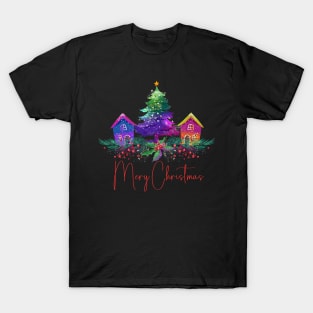 Vintage Christmas Village - Vibrant Colored Gingerbread Homes - Christmas Tree - Retro Christmas Scene T-Shirt